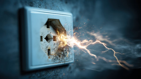 A close-up view of an electric outlet sparking with dramatic energy release, showcasing the hazards of high voltage and electricity in a home setting.の素材