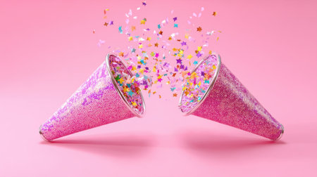 Two glittering pink party hats stand at the center, bursting with colorful confetti, perfect for festive celebrations and joyful events.の素材