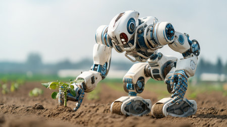 A futuristic robot carefully cultivates crops in a modern agricultural field, showcasing the blend of technology and nature under a clear sky.の素材