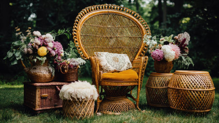 A stunning vintage rattan chair adorned with yellow cushions, complemented by vibrant floral arrangements in an enchanting outdoor setting.の素材
