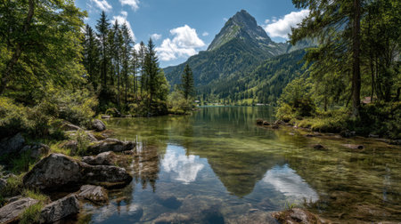 This stunning landscape features a serene mountain lake surrounded by vibrant green trees and rocky formations, reflecting the clear blue sky.の素材