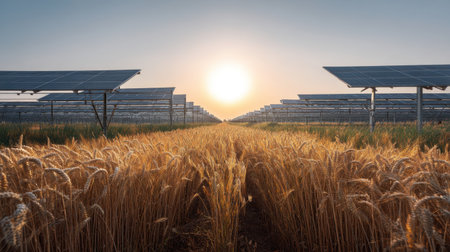 This stunning image captures a golden wheat field illuminated by the warm glow of the setting sun behind solar panels, symbolizing harmony between agriculture and renewable energy.の素材