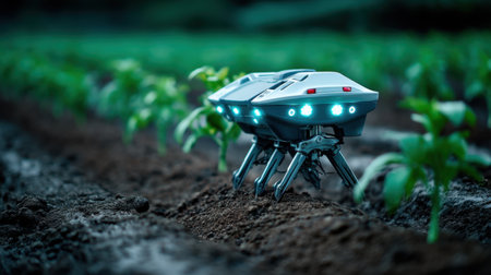 A cutting-edge agricultural robot equipped with LED lights is diligently cultivating young plants in a well-maintained farm field, showcasing innovation in farming technology.の素材
