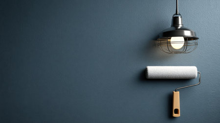 A paint roller rests against a stylish dark wall, illuminated by a chic pendant light, showcasing modern decor and renovation tools.の素材