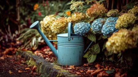 A vintage blue watering can rests beside beautiful hydrangea blooms in a tranquil garden. The scene captures the essence of gardening serenity, with fallen leaves that hint at seasonal change and vibrant floral colors that enhance the natural beauty.の素材