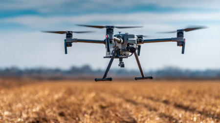 A modern drone is captured flying over a vast farm field, showcasing innovation in agricultural technology and efficient farming practices.の素材