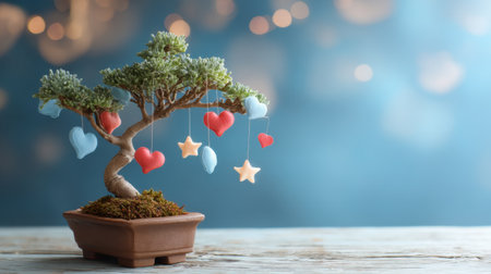 A charming miniature tree adorned with heart and star ornaments, set against a softly blurred background of warm, glowing lights. Perfect for conveying themes of love and tranquility.の素材
