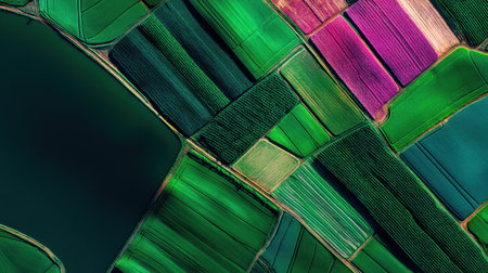 Stunning aerial perspective showcasing a patchwork of colorful agricultural fields interspersed with water, highlighting nature's beauty and diversity.の素材