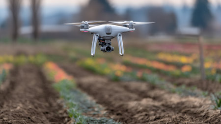 A modern drone hovers over a vibrant tulip field, capturing stunning aerial images of blooming flowers in a picturesque rural landscape.の素材