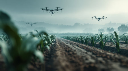 A captivating scene showcasing drones flying over verdant crop fields at dawn, highlighting cutting-edge technology transforming traditional agriculture.の素材