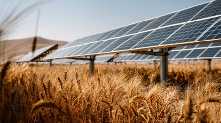 A stunning view of solar panels set against a wheat field, showcasing the blend of renewable energy and sustainable agriculture practices.の素材