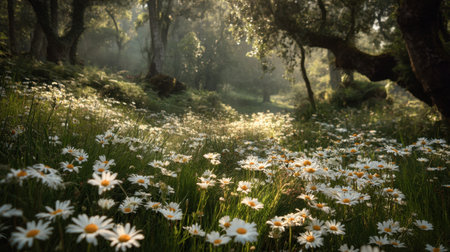 Experience the serene beauty of a sunlit meadow filled with white daisies surrounded by lush greenery in a tranquil forest scene.の素材