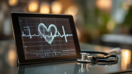 A tablet showcasing a digital heartbeat graph represents modern healthcare innovation. A stethoscope rests nearby, symbolizing traditional medicine.の素材