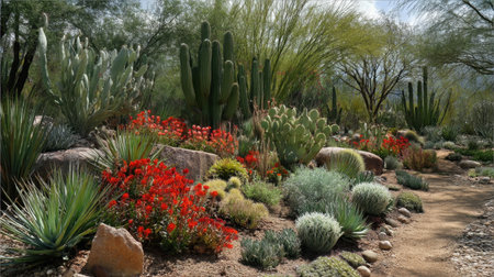 A stunning desert landscape showcases vibrant flowers and diverse cacti, framed by soft sunlight and greenery, creating a tranquil outdoor scene.の素材