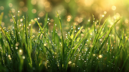 Experience the beauty of dewy grass blades glistening in the soft morning light, showcasing nature's refreshing detail and tranquility.の素材