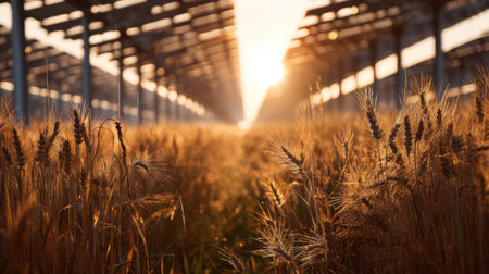 A stunning view of golden wheat fields illuminated by sunlight, with solar panels in the background, showcasing sustainable agriculture practices.の素材