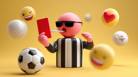 A playful referee character holds a red card in an animated style, surrounded by various emojis, creating a fun atmosphere perfect for sports-themed projects.の素材
