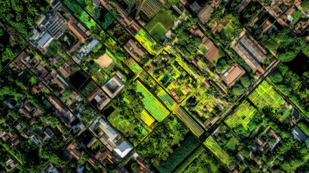 This aerial image captures a stunning view of urban green spaces and gardens interspersed within a vibrant residential area, showcasing nature's beauty.の素材