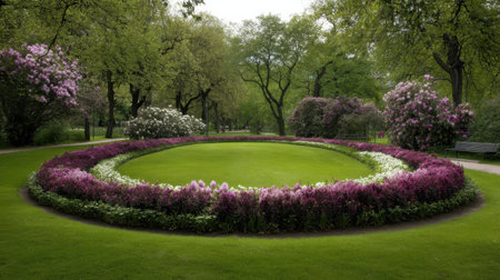 Experience the beauty of a meticulously arranged circular flowerbed set in a lush green park. This serene landscape features a mix of blooming flowers and trees, creating a peaceful getaway for nature lovers.の素材