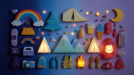 This vibrant and playful collection features camping and outdoor adventure elements, perfect for creative projects and design inspirations.の素材