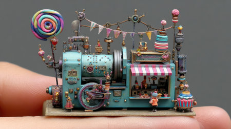 A colorful whimsical candy machine filled with miniature characters and lollipops, showcasing artisan craftsmanship and vibrant details. Perfect for creative projects.の素材