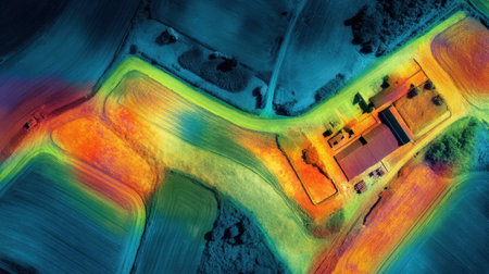 This vivid aerial image captures a kaleidoscope of colors over agricultural fields, showcasing the beauty of nature through unique abstract patterns and textures.の素材