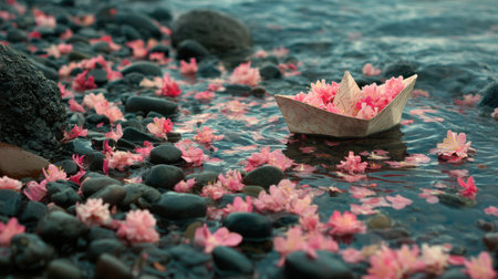 A gentle scene features a delicate paper boat floating on calm water, surrounded by vibrant pink flowers and smooth stones, evoking tranquility.の素材