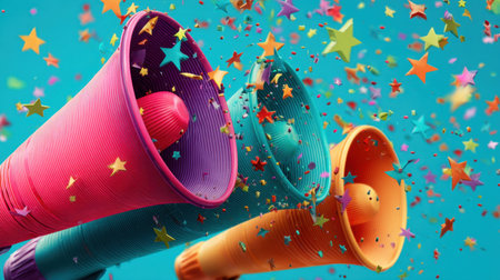 Three colorful megaphones shoot out vibrant confetti and stars against a bright turquoise backdrop, capturing the essence of celebration and joy.の素材