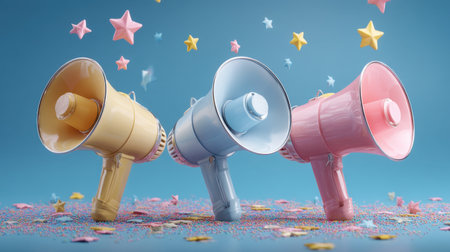 Three colorful megaphones stand proudly against a bright blue background, surrounded by pastel stars, creating a festive and cheerful mood perfect for celebrations.の素材