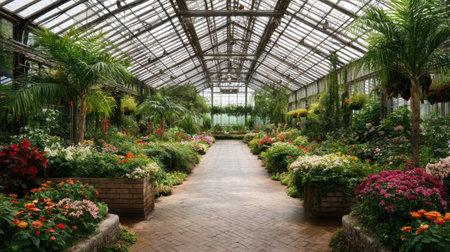 Explore a stunning indoor garden featuring vibrant flowers and lush greenery, showcasing nature's beauty in a serene glasshouse environment.の素材