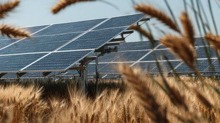 A stunning view of solar panels set against a golden wheat field, showcasing the harmony between renewable energy and agriculture.の素材