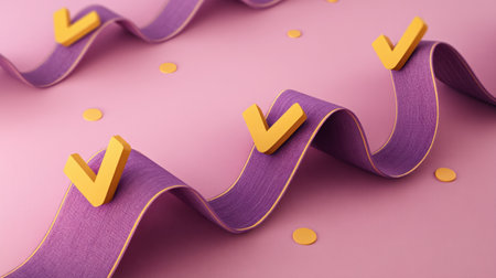 Engaging image of a colorful wave in purple with yellow check marks and polka dots on a pink background, representing positivity and approval.の素材