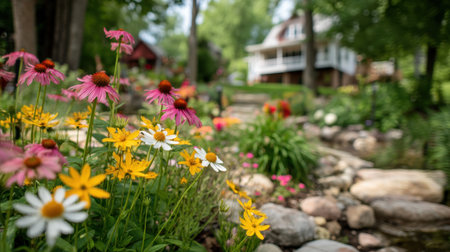 A breathtaking garden scene showcasing vibrant flowers in various colors, along a winding pathway leading to a charming house, surrounded by lush greenery.の素材