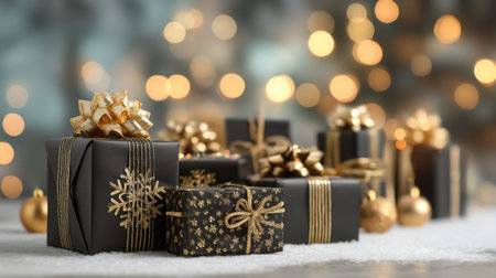 A collection of elegant black gift boxes adorned with golden ribbons and festive decorative elements, set against a backdrop of soft bokeh lights. Perfect for holiday celebrations and special occasions, this image captures the essence of joy and elegance in gift giving.の素材