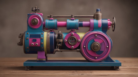 A captivating vintage engine model featuring bright colors and intricate details, set against a simple background highlighting its unique design.の素材