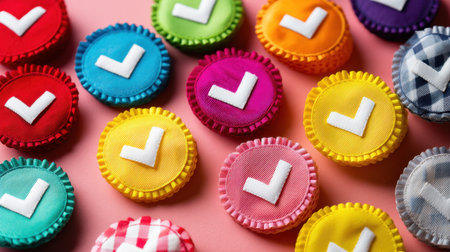 A lively assortment of colorful fabric patches with white check marks arranged artfully on a pink background, ideal for various crafting and DIY projects.の素材