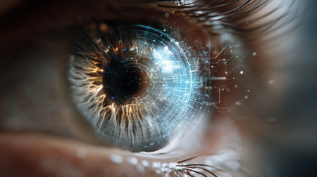 A stunning close-up of a human eye featuring intricate digital elements and abstract technology, capturing themes of innovation and vision.の素材