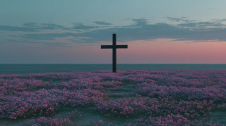 This stunning image showcases a cross amidst a field of blooming pink flowers set against a tranquil ocean at sunset. The serene atmosphere evokes feelings of peace and spirituality, perfect for conveying a sense of calm and reflection.の素材
