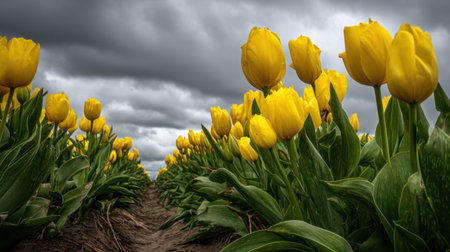 A stunning display of bright yellow tulips stretches towards a dramatic cloudy sky, creating a captivating landscape in nature's serene setting.の素材