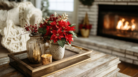 Discover a warm and inviting living room scene featuring a beautiful poinsettia centerpiece and soft candlelight beside a crackling fireplace.の素材