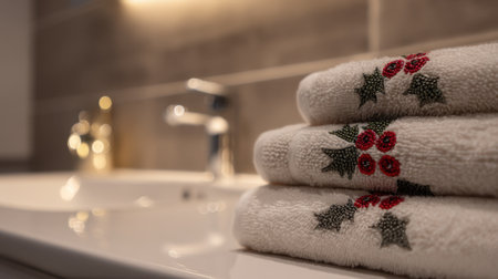 A trio of soft holiday towels decorated with holly and berries rests on a sleek bathroom vanity next to an elegant faucet and sink, creating a festive atmosphere.の素材