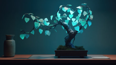 This image showcases an artistic bonsai tree with glowing leaves, beautifully crafted for unique indoor decor. The serene ambiance and calming colors invite relaxation.の素材
