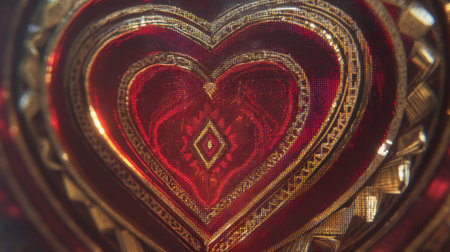 A beautifully crafted heart design featuring intricate patterns and a deep red color, ideal for romantic themes, Valentine's Day, and artistic projects.の素材