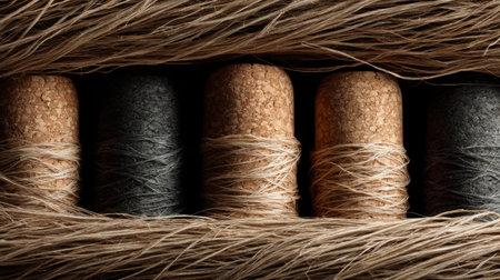 This captivating close-up image showcases wine bottle corks intricately wrapped in string, set against a rich-textured background, inviting a rustic charm.の素材