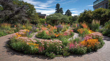 A stunning view of a vibrant botanical garden showcasing a variety of colorful flowers arranged in a circular design under a clear blue sky.の素材