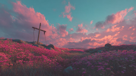 A stunning landscape featuring vibrant flowers surrounding a rustic cross, set against a colorful sky at sunset. This serene scene captures nature's beauty and tranquility.の素材