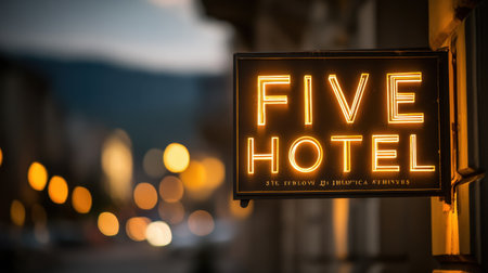 A beautifully lit hotel sign captures attention at dusk, surrounded by a warm bokeh effect. Ideal for travel and hospitality themes, this image exudes inviting charm.の素材