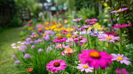 This vibrant flower garden features a stunning array of blooming daisies and colorful blossoms, creating a serene outdoor landscape perfect for relaxation.の素材