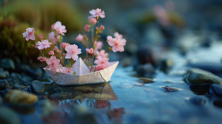 A stunning close-up photograph of a delicate paper boat adorned with pink flowers, gently floating on calm water, surrounded by smooth stones and rich greenery, creating a serene and tranquil atmosphere.の素材