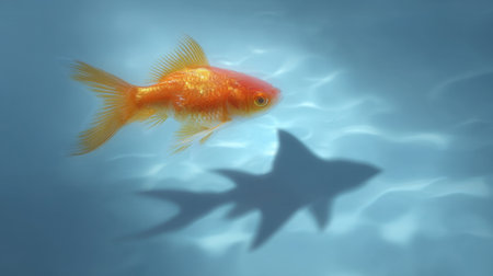 A vibrant orange goldfish glides through clear water, casting an enchanting shadow on the surface, creating a sense of tranquility.の素材